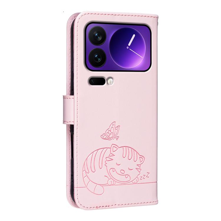 For Xiaomi 17 Pro Cat Butterfly Embossed RFID Vegan Leather Phone Case with Strap