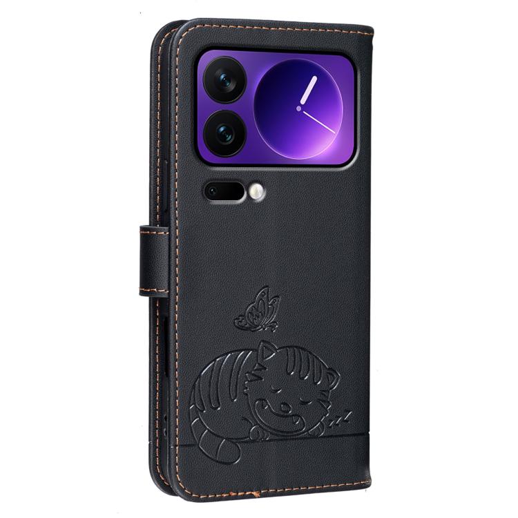 For Xiaomi 17 Pro Cat Butterfly Embossed RFID Vegan Leather Phone Case with Strap
