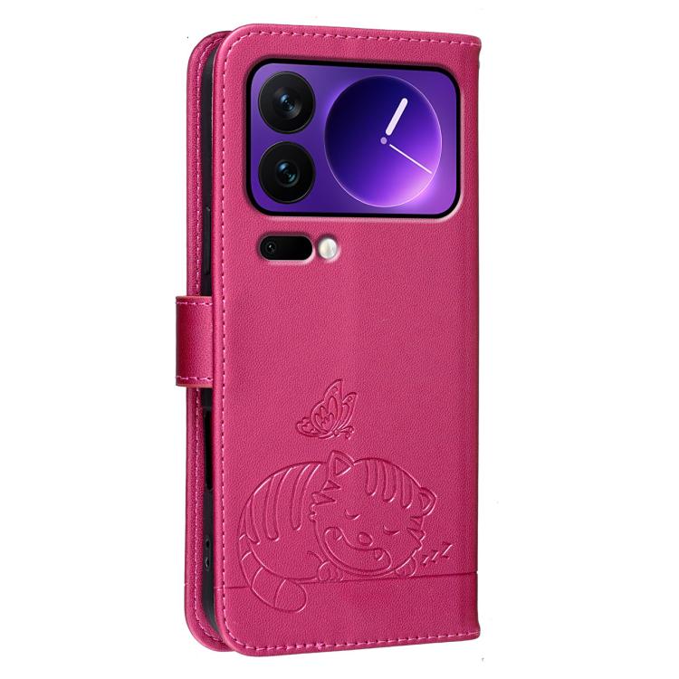 For Xiaomi 17 Pro Cat Butterfly Embossed RFID Vegan Leather Phone Case with Strap