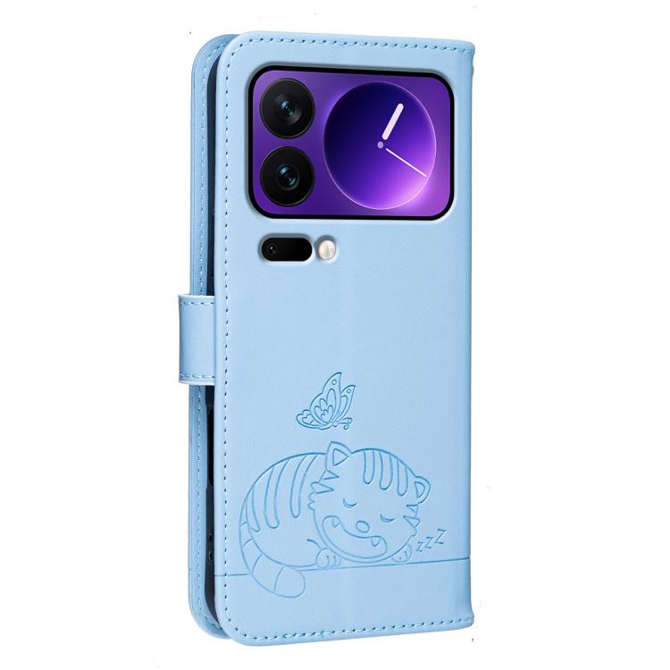 For Xiaomi 17 Pro Cat Butterfly Embossed RFID Vegan Leather Phone Case with Strap