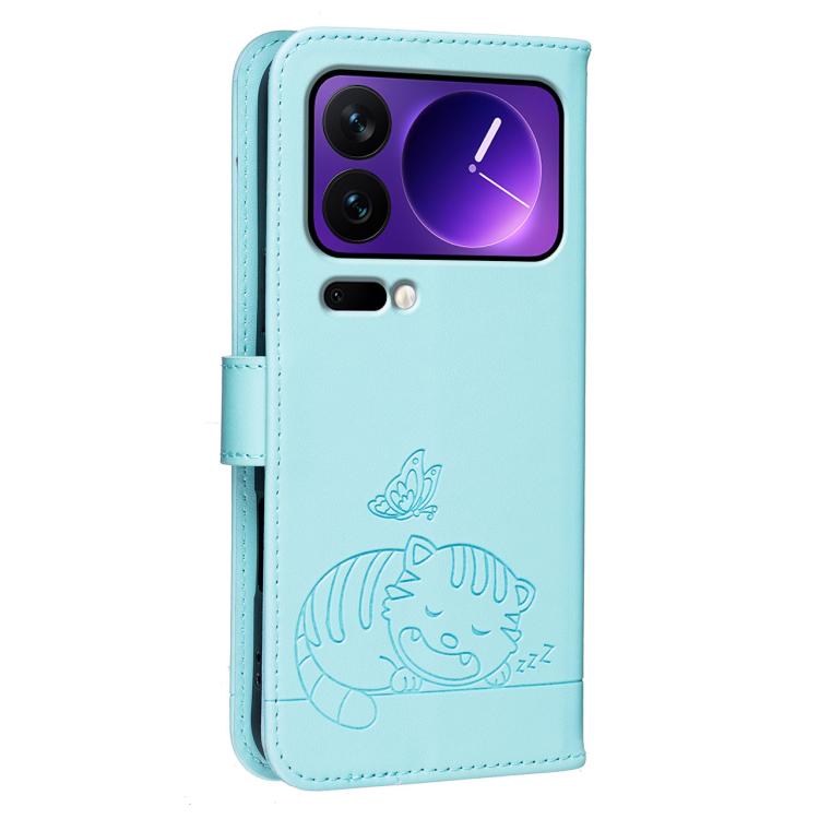 For Xiaomi 17 Pro Cat Butterfly Embossed RFID Vegan Leather Phone Case with Strap