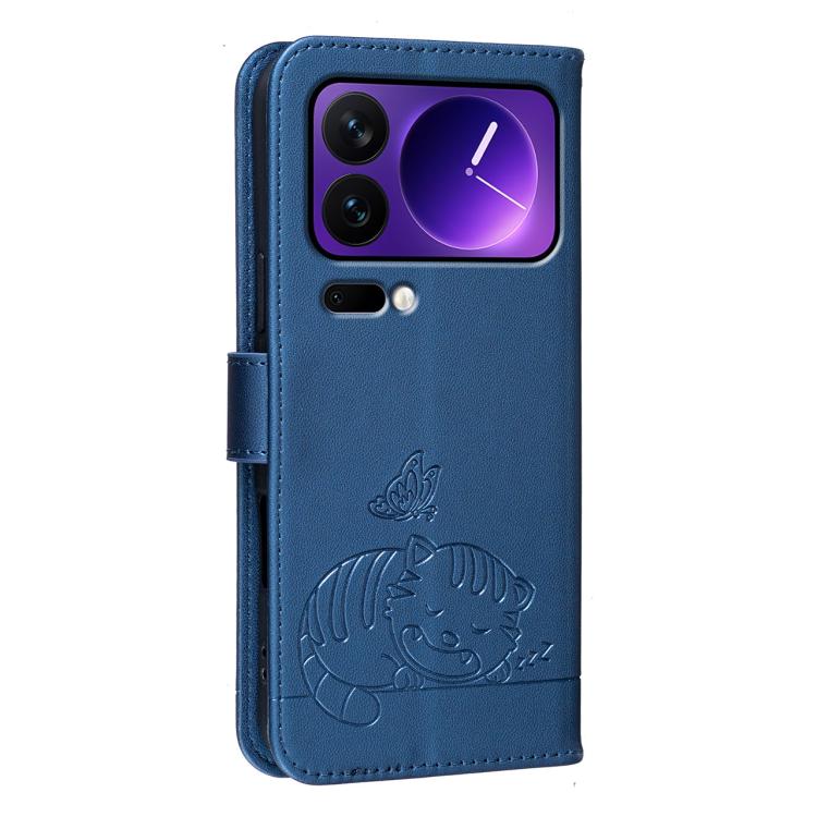 For Xiaomi 17 Pro Cat Butterfly Embossed RFID Vegan Leather Phone Case with Strap