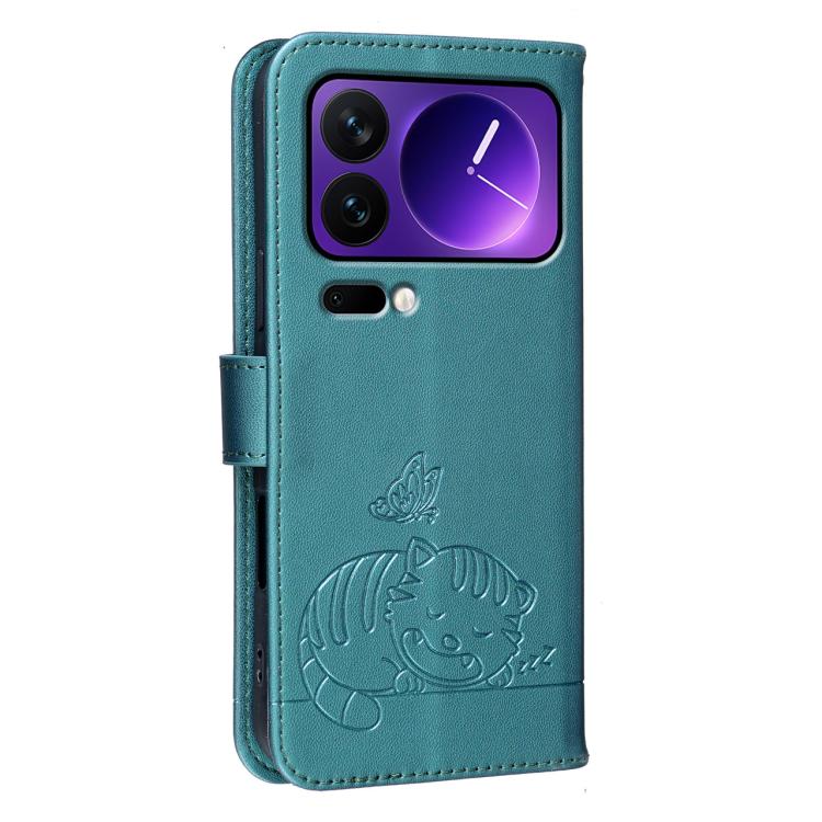For Xiaomi 17 Pro Cat Butterfly Embossed RFID Vegan Leather Phone Case with Strap