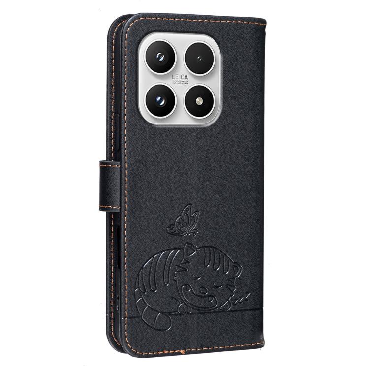 For Xiaomi 17 Cat Butterfly Embossed RFID Vegan Leather Phone Case with Strap