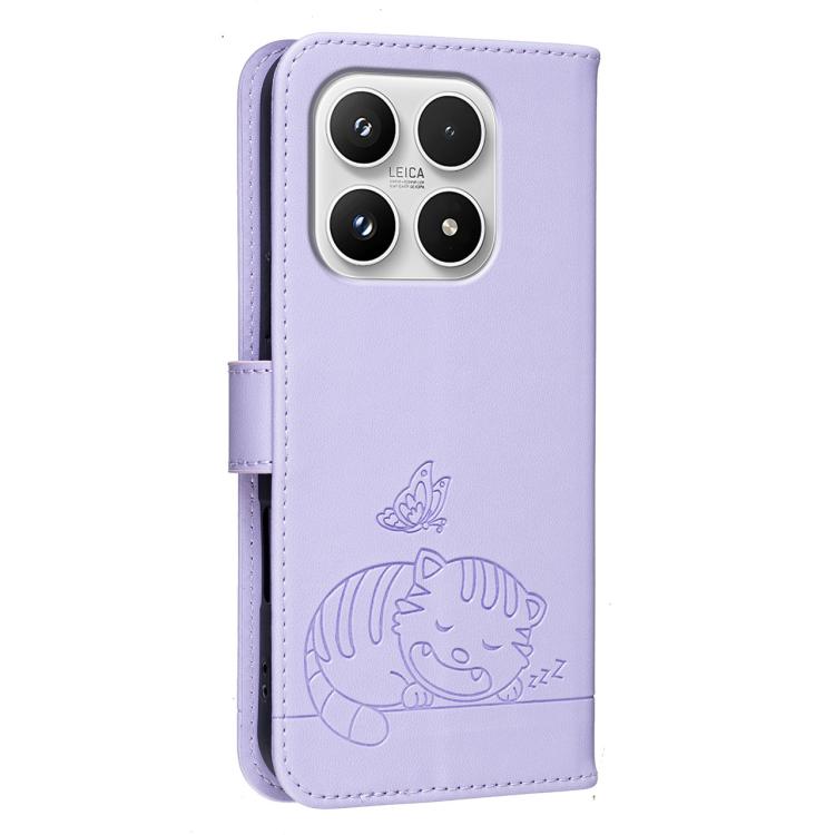 For Xiaomi 17 Cat Butterfly Embossed RFID Vegan Leather Phone Case with Strap