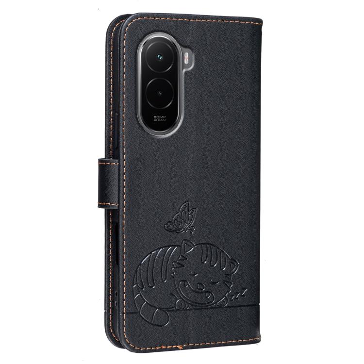For Xiaomi Poco M7 4G 169mm Cat Butterfly Embossed RFID Vegan Leather Phone Case with Strap