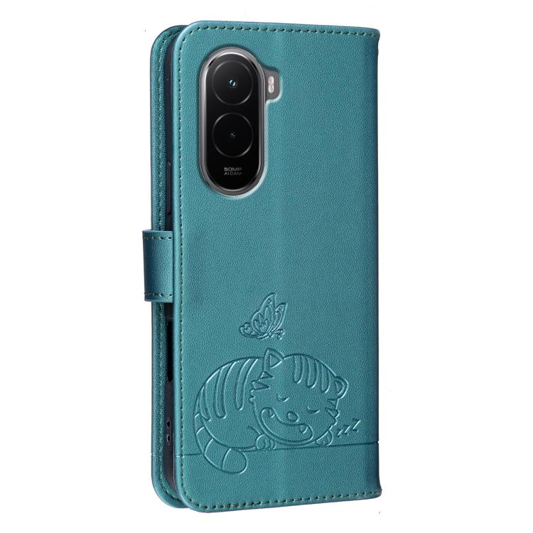 For Xiaomi Poco M7 4G 169mm Cat Butterfly Embossed RFID Vegan Leather Phone Case with Strap