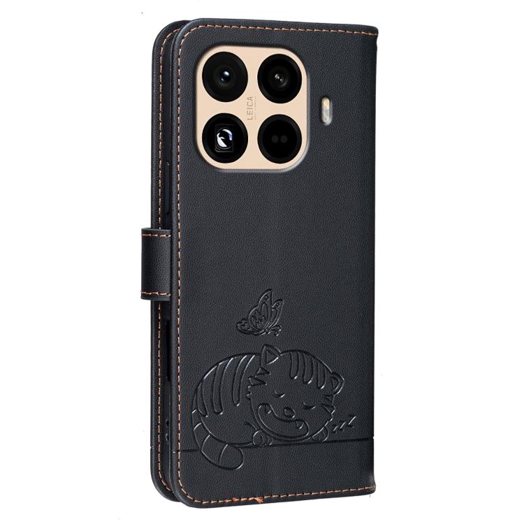 For Xiaomi 15T Pro 5G Cat Butterfly Embossed RFID Vegan Leather Phone Case with Strap