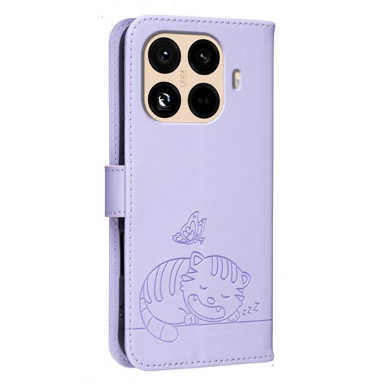 For Xiaomi 15T Pro 5G Cat Butterfly Embossed RFID Vegan Leather Phone Case with Strap