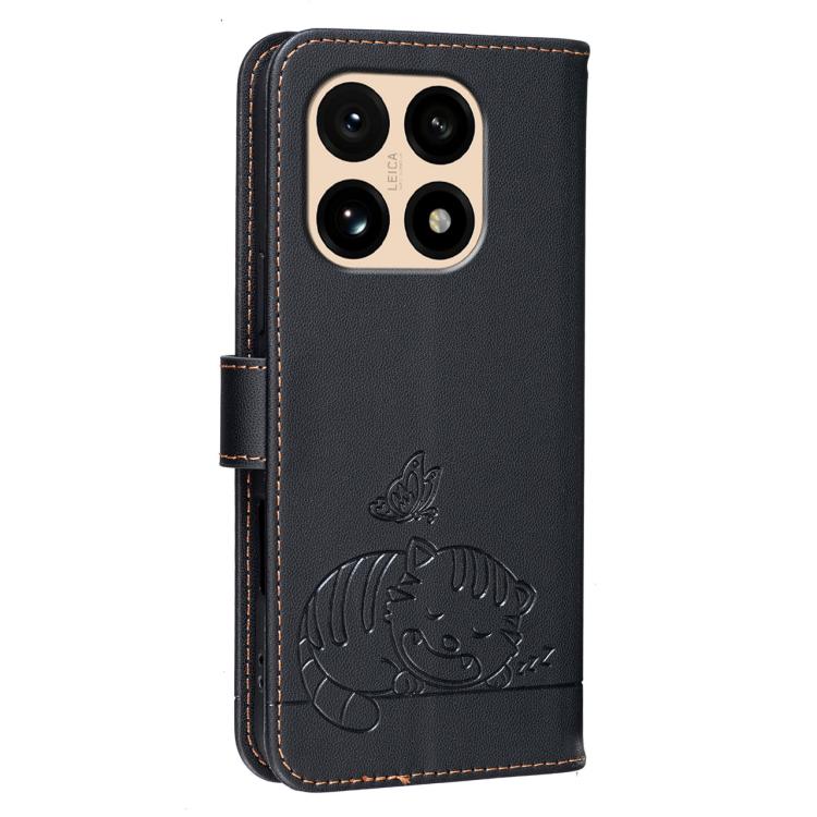 For Xiaomi 15T 5G Cat Butterfly Embossed RFID Vegan Leather Phone Case with Strap