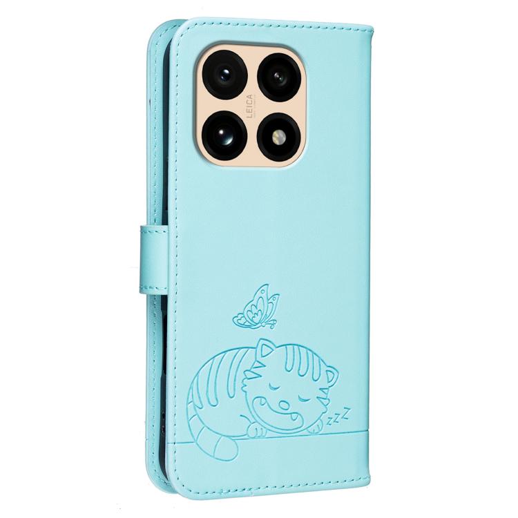 For Xiaomi 15T 5G Cat Butterfly Embossed RFID Vegan Leather Phone Case with Strap