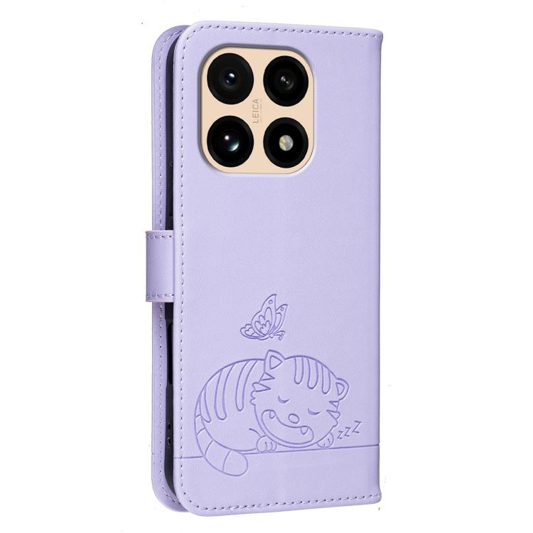 For Xiaomi 15T 5G Cat Butterfly Embossed RFID Vegan Leather Phone Case with Strap