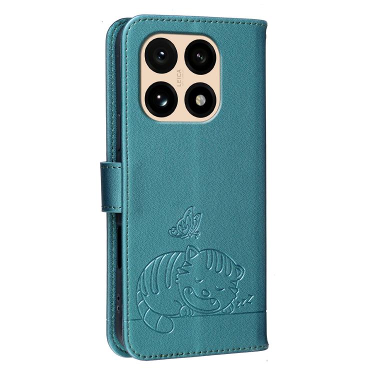 For Xiaomi 15T 5G Cat Butterfly Embossed RFID Vegan Leather Phone Case with Strap