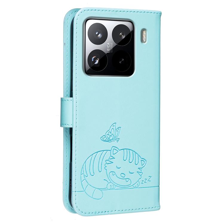 For Xiaomi 15S Pro Cat Butterfly Embossed RFID Vegan Leather Phone Case with Strap