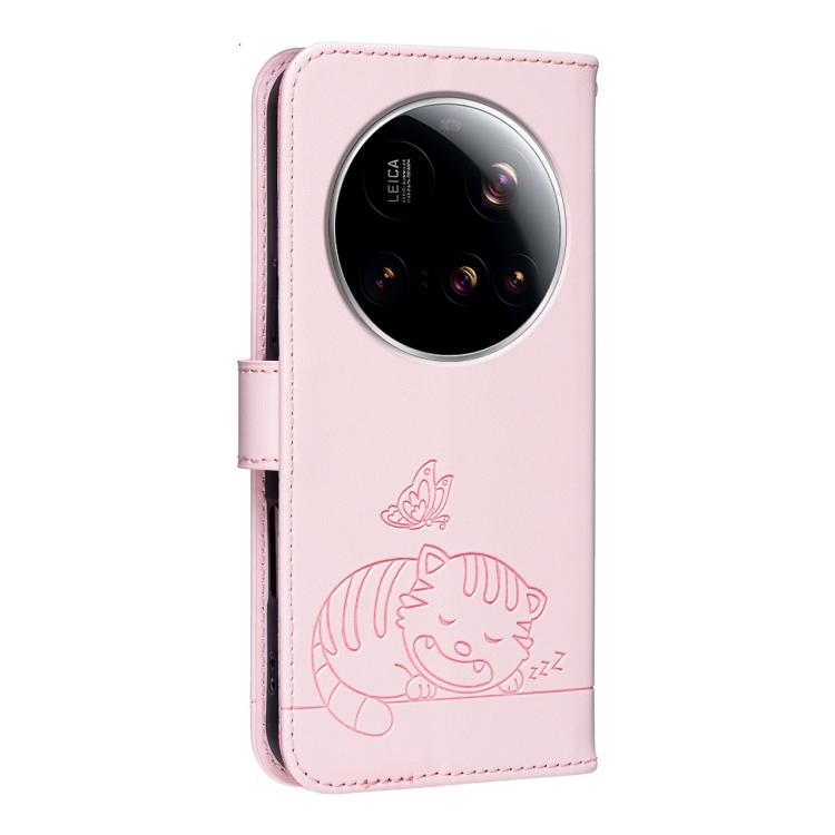 For Xiaomi 15 Ultra Cat Butterfly Embossed RFID Vegan Leather Phone Case with Strap