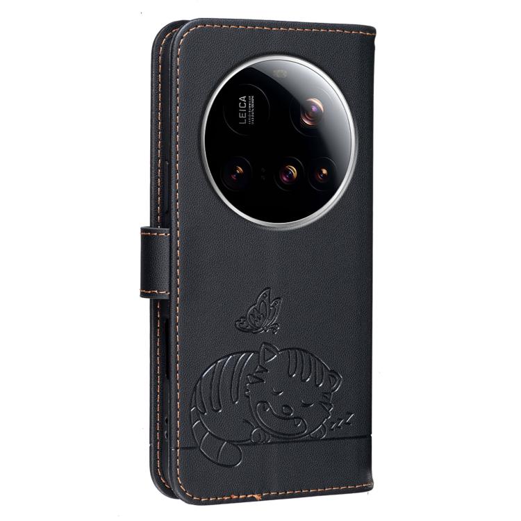For Xiaomi 15 Ultra Cat Butterfly Embossed RFID Vegan Leather Phone Case with Strap