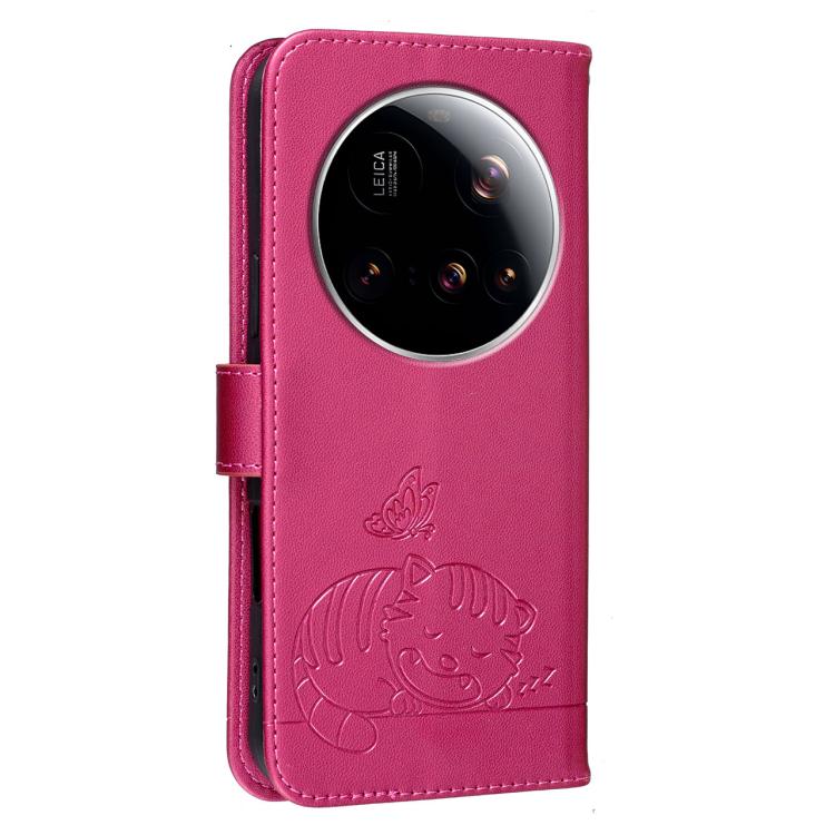 For Xiaomi 15 Ultra Cat Butterfly Embossed RFID Vegan Leather Phone Case with Strap