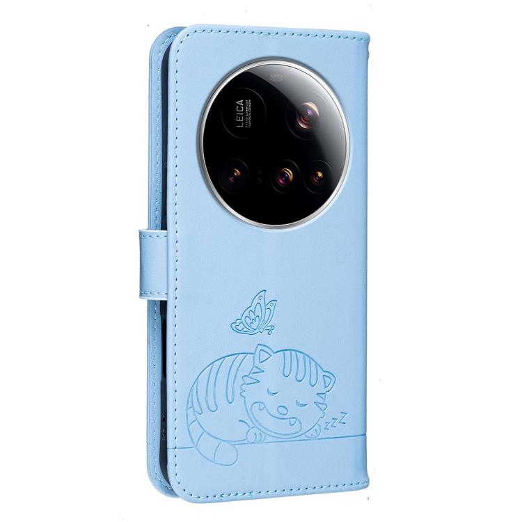 For Xiaomi 15 Ultra Cat Butterfly Embossed RFID Vegan Leather Phone Case with Strap