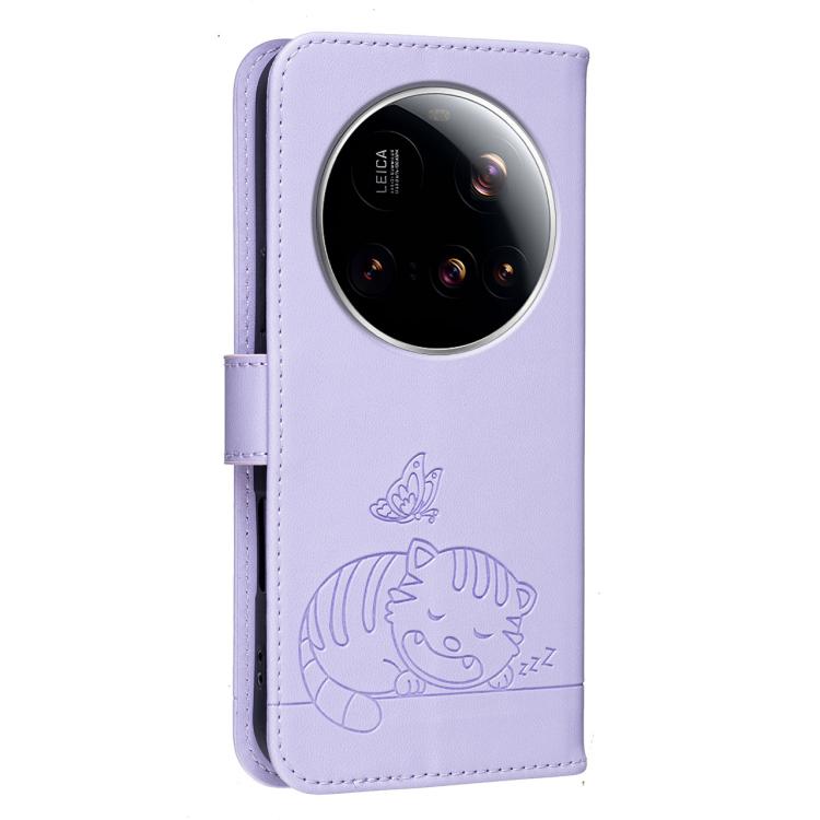 For Xiaomi 15 Ultra Cat Butterfly Embossed RFID Vegan Leather Phone Case with Strap