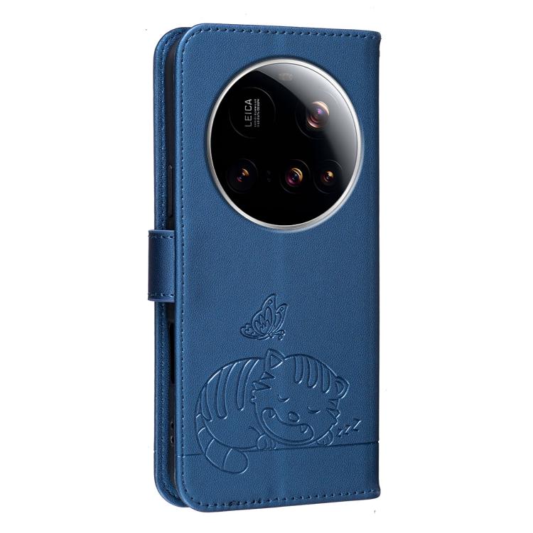For Xiaomi 15 Ultra Cat Butterfly Embossed RFID Vegan Leather Phone Case with Strap