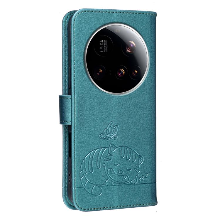 For Xiaomi 15 Ultra Cat Butterfly Embossed RFID Vegan Leather Phone Case with Strap