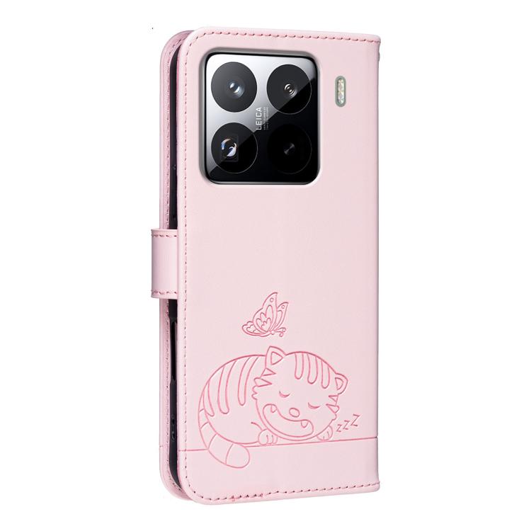 For Xiaomi 15 Pro Cat Butterfly Embossed RFID Vegan Leather Phone Case with Strap