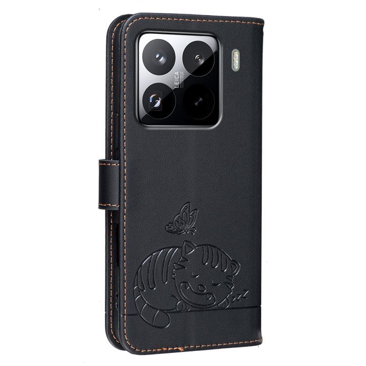 For Xiaomi 15 Pro Cat Butterfly Embossed RFID Vegan Leather Phone Case with Strap