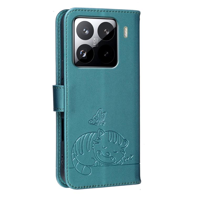For Xiaomi 15 Pro Cat Butterfly Embossed RFID Vegan Leather Phone Case with Strap