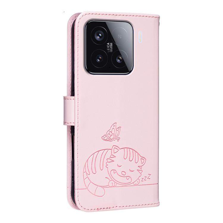 For Xiaomi 15 Cat Butterfly Embossed RFID Vegan Leather Phone Case with Strap