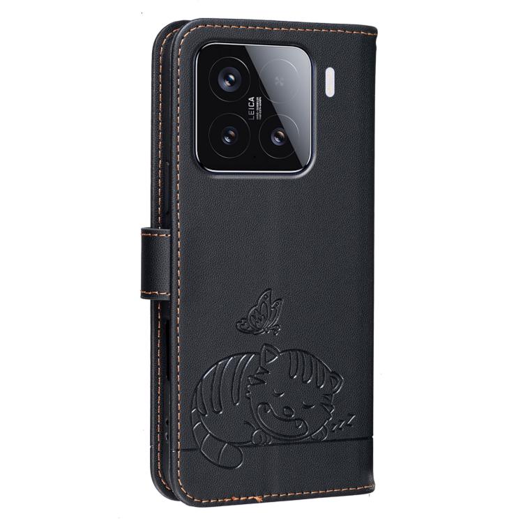 For Xiaomi 15 Cat Butterfly Embossed RFID Vegan Leather Phone Case with Strap