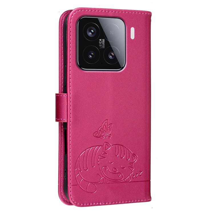 For Xiaomi 15 Cat Butterfly Embossed RFID Vegan Leather Phone Case with Strap