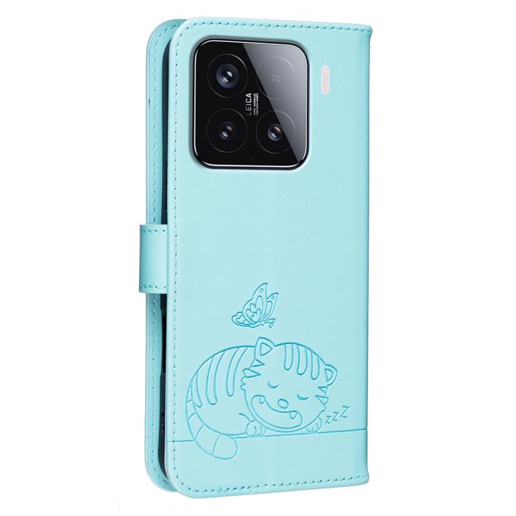 For Xiaomi 15 Cat Butterfly Embossed RFID Vegan Leather Phone Case with Strap