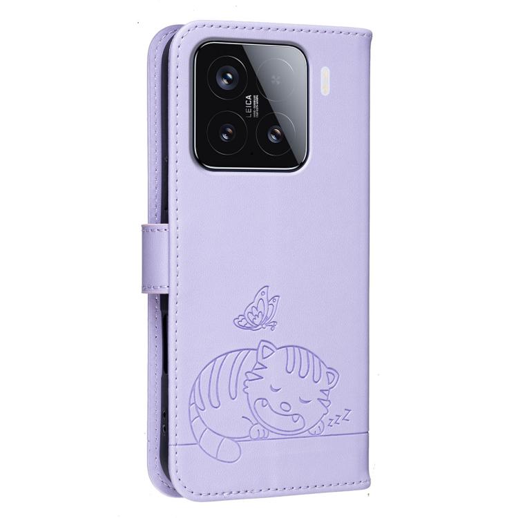 For Xiaomi 15 Cat Butterfly Embossed RFID Vegan Leather Phone Case with Strap