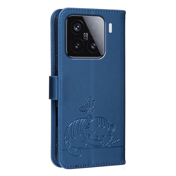 For Xiaomi 15 Cat Butterfly Embossed RFID Vegan Leather Phone Case with Strap