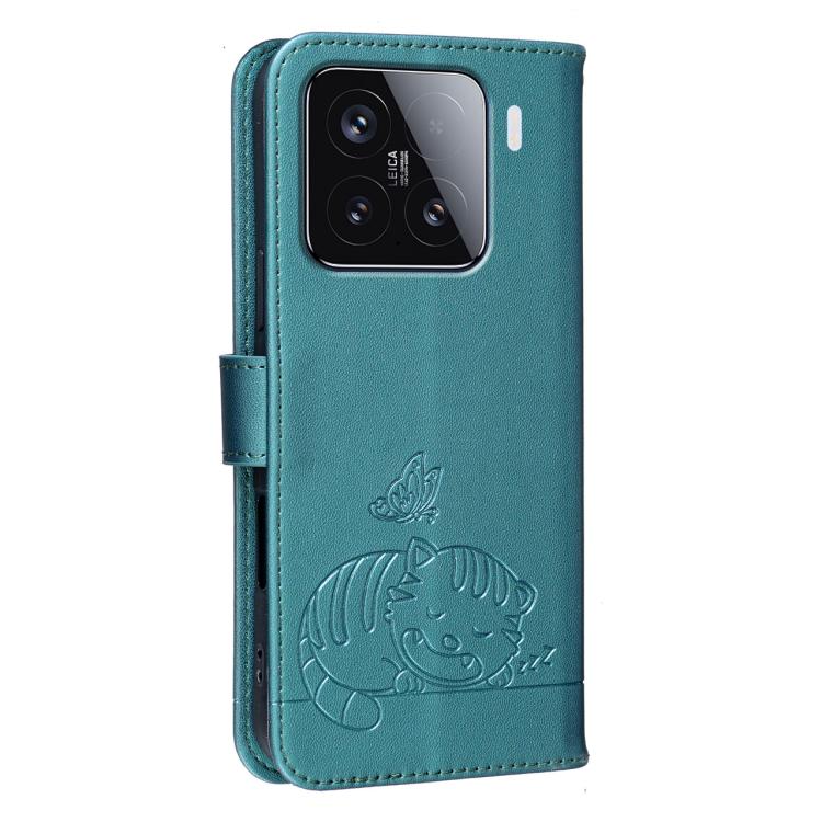 For Xiaomi 15 Cat Butterfly Embossed RFID Vegan Leather Phone Case with Strap