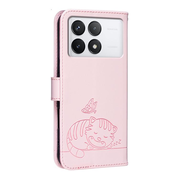 For Xiaomi 14T Pro Cat Butterfly Embossed RFID Vegan Leather Phone Case with Strap