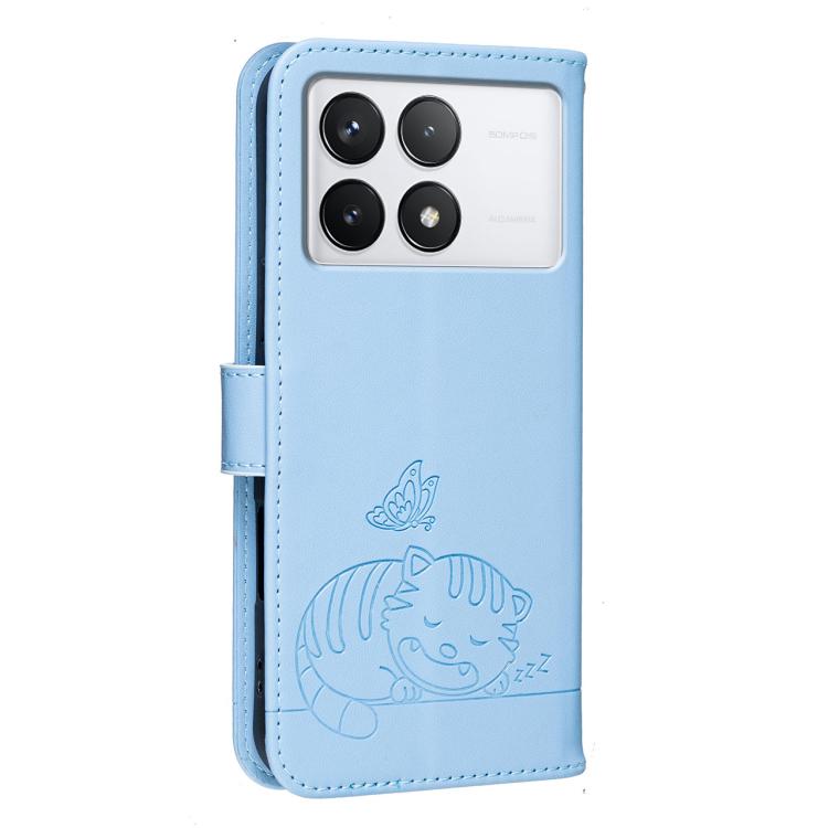 For Xiaomi 14T Pro Cat Butterfly Embossed RFID Vegan Leather Phone Case with Strap