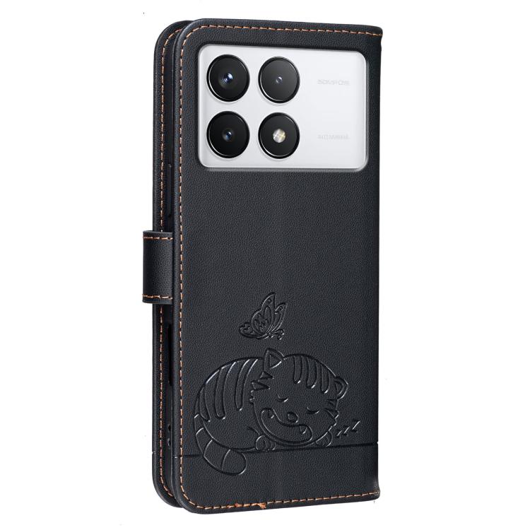 For Xiaomi 14T Cat Butterfly Embossed RFID Vegan Leather Phone Case with Strap