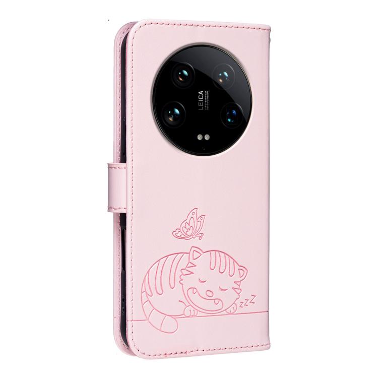 For Xiaomi 14 Ultra Cat Butterfly Embossed RFID Vegan Leather Phone Case with Strap