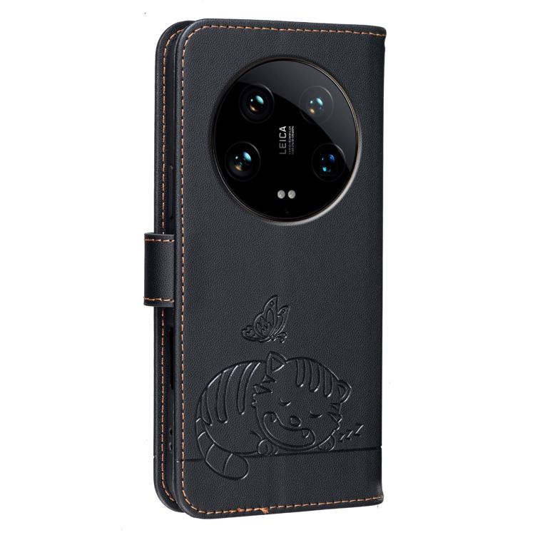 For Xiaomi 14 Ultra Cat Butterfly Embossed RFID Vegan Leather Phone Case with Strap