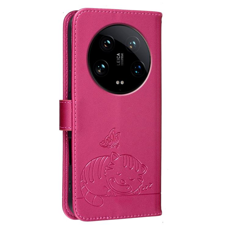 For Xiaomi 14 Ultra Cat Butterfly Embossed RFID Vegan Leather Phone Case with Strap