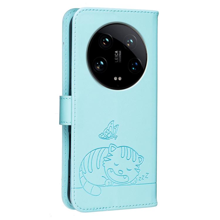 For Xiaomi 14 Ultra Cat Butterfly Embossed RFID Vegan Leather Phone Case with Strap