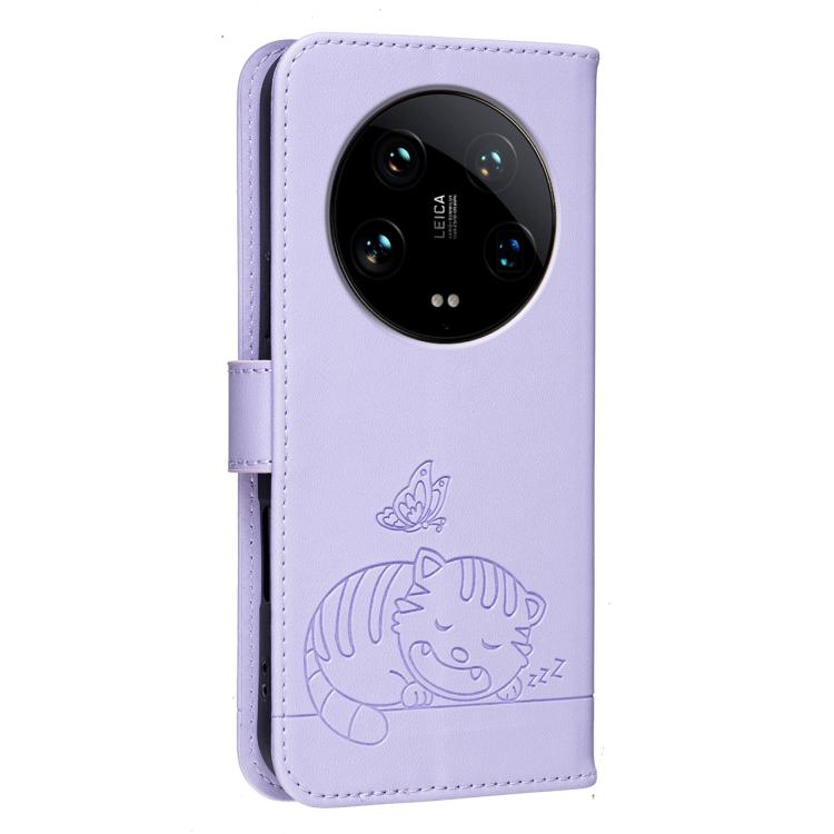 For Xiaomi 14 Ultra Cat Butterfly Embossed RFID Vegan Leather Phone Case with Strap