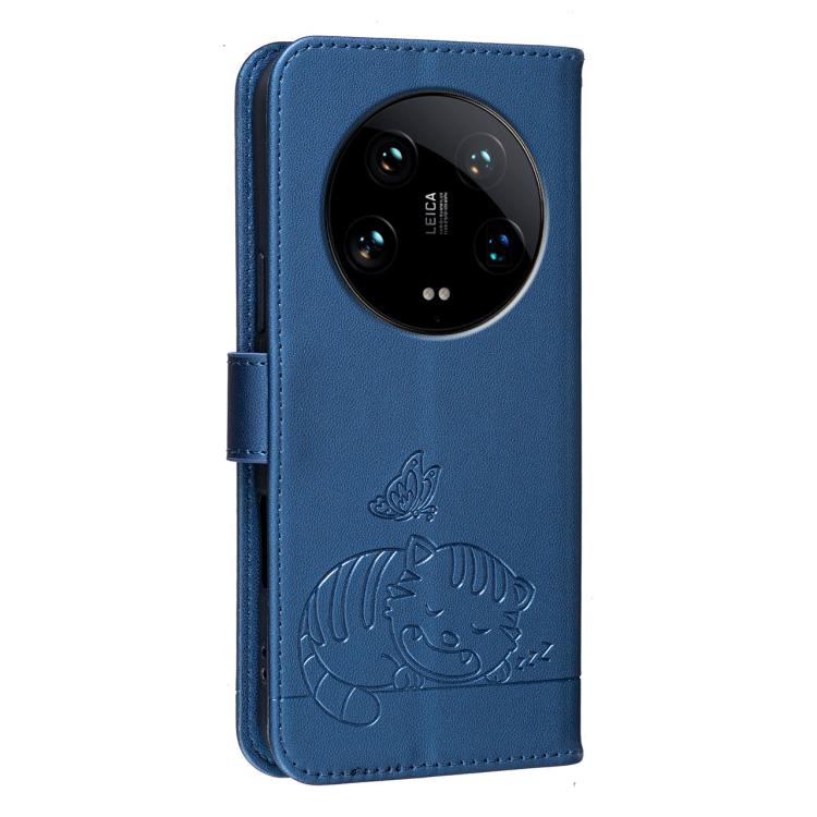 For Xiaomi 14 Ultra Cat Butterfly Embossed RFID Vegan Leather Phone Case with Strap