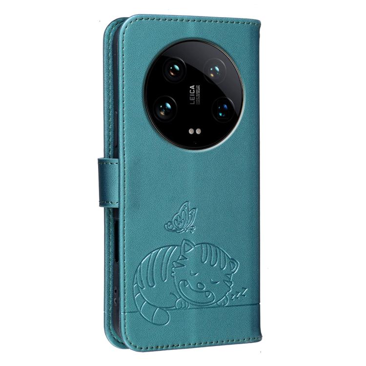 For Xiaomi 14 Ultra Cat Butterfly Embossed RFID Vegan Leather Phone Case with Strap