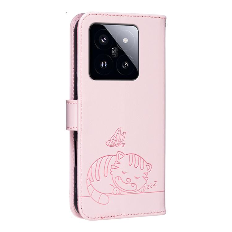 For Xiaomi 14 Pro Cat Butterfly Embossed RFID Vegan Leather Phone Case with Strap