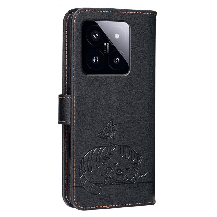 For Xiaomi 14 Pro Cat Butterfly Embossed RFID Vegan Leather Phone Case with Strap
