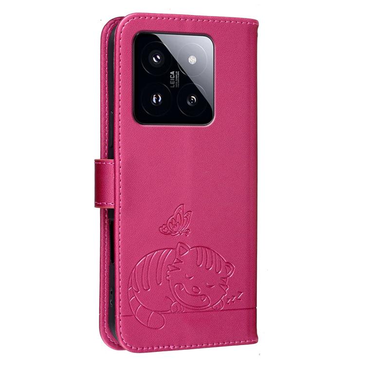 For Xiaomi 14 Pro Cat Butterfly Embossed RFID Vegan Leather Phone Case with Strap