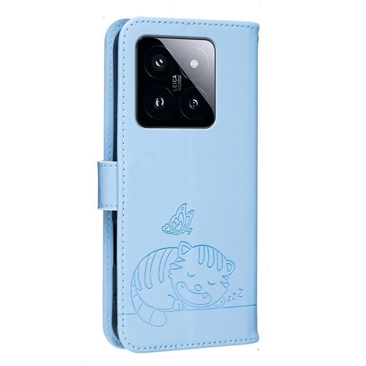 For Xiaomi 14 Pro Cat Butterfly Embossed RFID Vegan Leather Phone Case with Strap