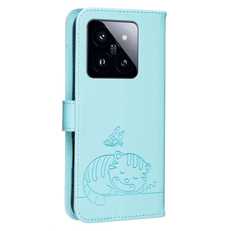 For Xiaomi 14 Pro Cat Butterfly Embossed RFID Vegan Leather Phone Case with Strap